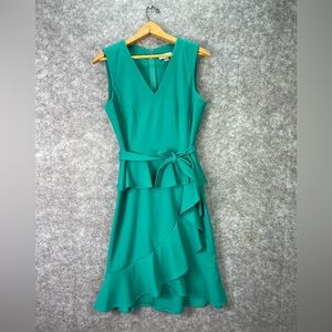 Calvin Klein Dress Womens 8 Green Ruffle Belted Sleeveless Midi Fit Flare